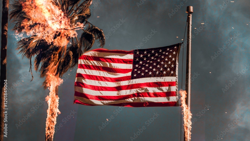 Wildfires rage in Los Angeles 2025 as flames engulf palm trees and American flag amid thick smoke and ash