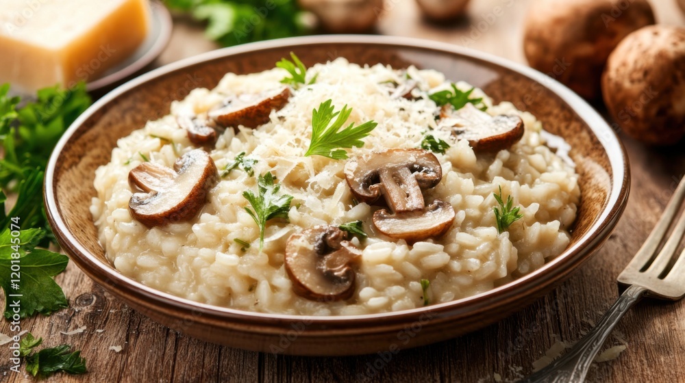 Image of rice and German risotto with mushrooms and herbs in a traditional German serving dish, emphasizing creamy and hearty qualities. Ideal for German cuisine and comfort dishes. Image of rice and German risotto with mushrooms and herbs in a traditional German serving dish, emphasizing creamy and hearty qualities. Ideal for German cuisine and comfort dishes.