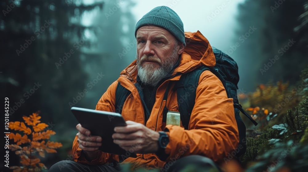 An elderly man pauses during his forest exploration, sitting in the woods with a tablet in hand, dressed warmly for adventure and introspection, blending old and new. An elderly man pauses during his forest exploration, sitting in the woods with a tablet in hand, dressed warmly for adventure and introspection, blending old and new.