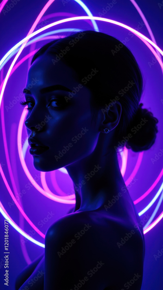 A woman depicted as an AI girlfriend with vibrant purple and blue neon rings encircling her neck and shoulders. A woman depicted as an AI girlfriend with vibrant purple and blue neon rings encircling her neck and shoulders.