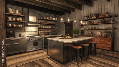 Wallpaper Mural An inviting loft kitchen featuring sleek stainless steel appliances, a large island with bar stools, and open shelving displaying beautiful dishware against a rustic backdrop. Torontodigital.ca