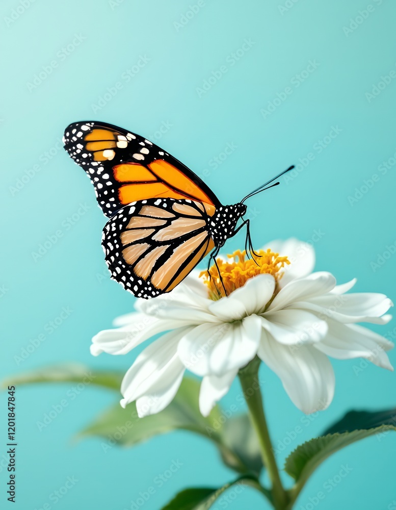 Obraz premium Monarch Butterfly on a White Zinnia Flower Against a Teal Background