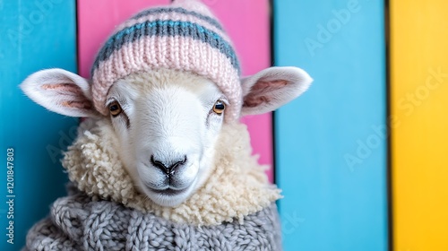 Gentle sheep in a knitted beanie isolated on a colorful background