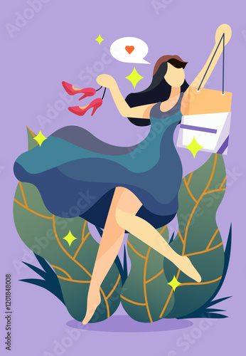 Young joyful shopaholic fashionable woman girl carrying shopping bags