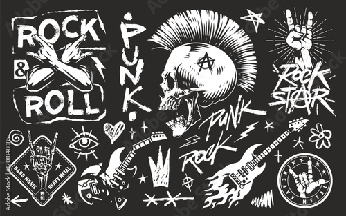 Rock and punk music themed graphic design elements