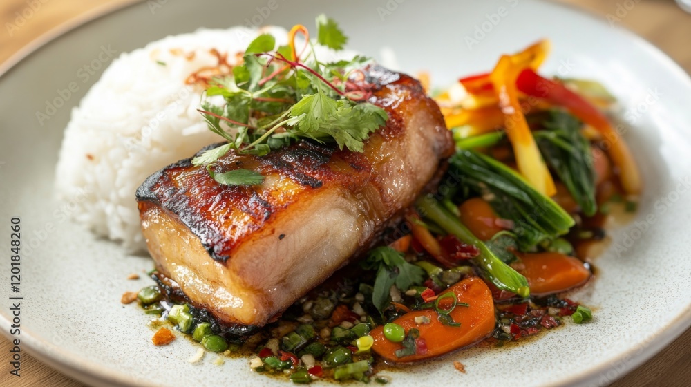 A beautifully plated dish of crispy pork belly served with a side of steamed vegetables and fragrant rice, garnished with fresh herbs for an inviting presentation. A beautifully plated dish of crispy pork belly served with a side of steamed vegetables and fragrant rice, garnished with fresh herbs for an inviting presentation.