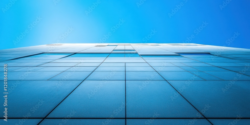 Obraz premium A Modern Architectural Facade Captured from Below, Showcasing a Clear Blue Sky and Reflective Glass Panels with Symmetrical Lines and Minimalist Design Elements