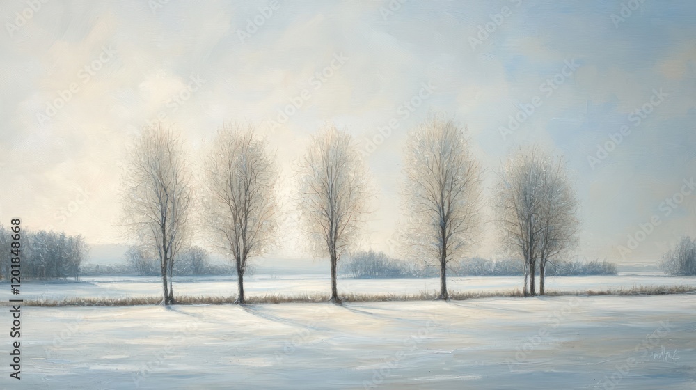 Five frost-covered trees stand in a snowy field at sunrise. Five frost-covered trees stand in a snowy field at sunrise.
