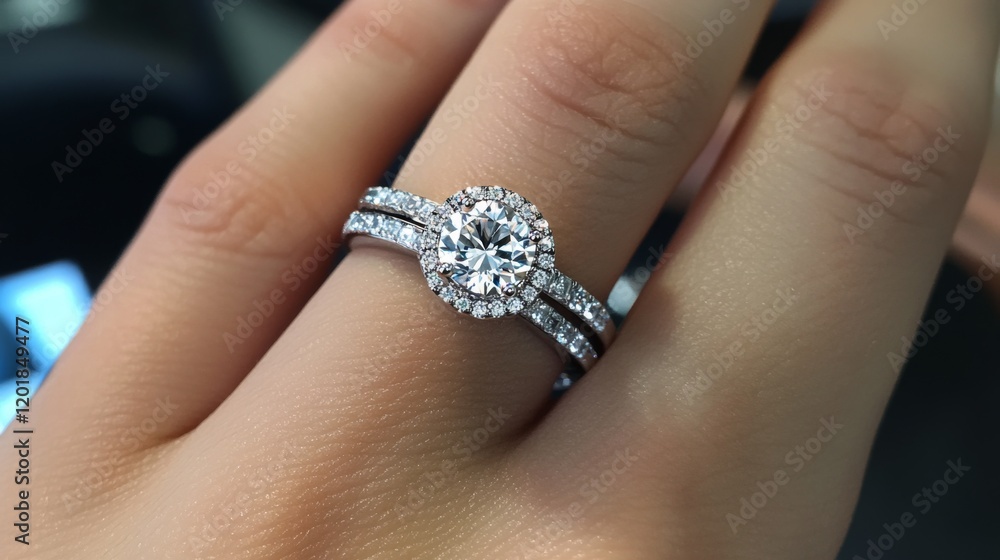 A brides hand adorned with a diamond engagement ring, the radiant sparkle highlighting the importance and beauty of the moment. A brides hand adorned with a diamond engagement ring, the radiant sparkle highlighting the importance and beauty of the moment.