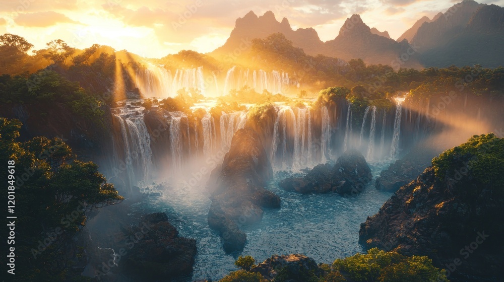 Fototapeta premium Majestic waterfall at sunset, illuminated by golden sunlight, surrounded by lush greenery and dramatic mountains.