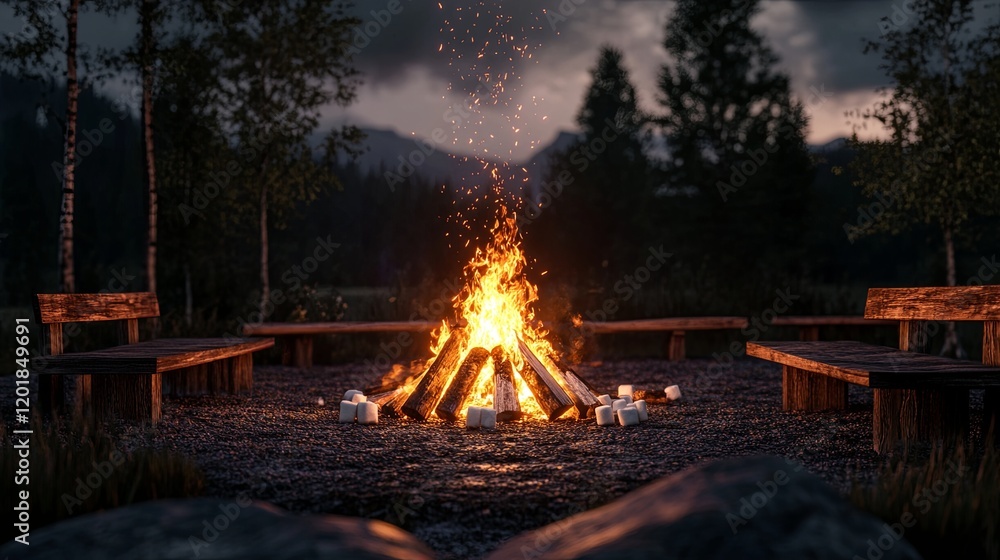 A bonfire surrounded by wooden benches and skewers for roasting marshmallows A bonfire surrounded by wooden benches and skewers for roasting marshmallows