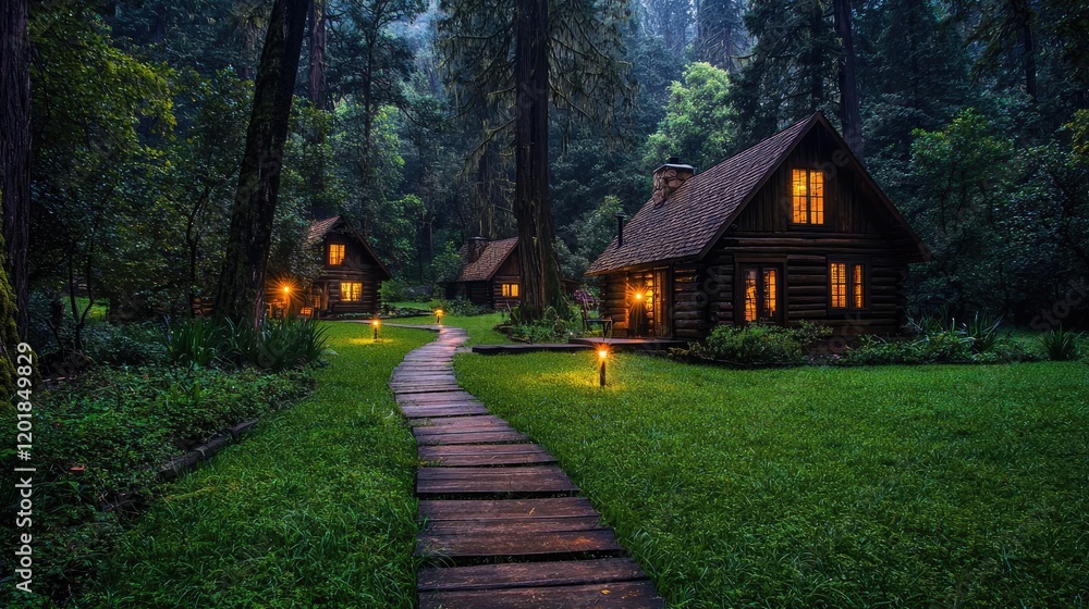 Illuminated cabins nestled in a tranquil forest at dusk; path leads to cozy woodland retreat; ideal for travel brochures Illuminated cabins nestled in a tranquil forest at dusk; path leads to cozy woodland retreat; ideal for travel brochures