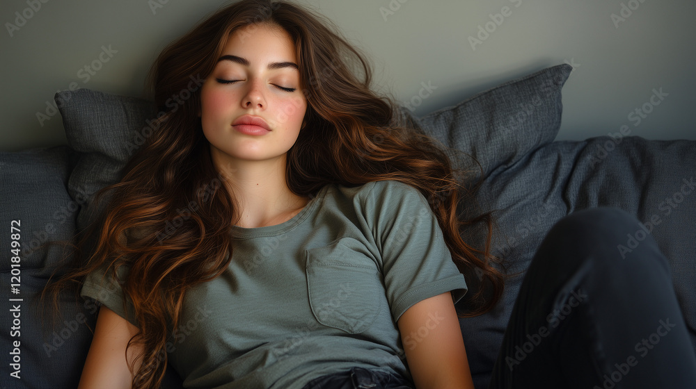 Young woman relaxes comfortably on a sofa with closed eyes in a cozy indoor setting during the afternoon Young woman relaxes comfortably on a sofa with closed eyes in a cozy indoor setting during the afternoon
