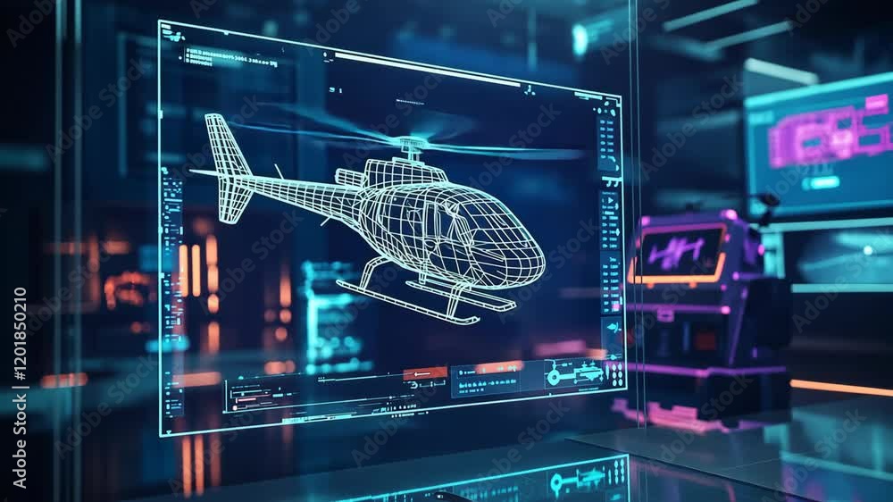 3D digital blueprint of a helicopter displayed in a high-tech environment with futuristic interface elements