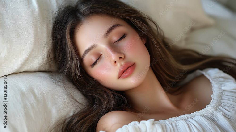 Young woman with soft features peacefully resting on a bed surrounded by fluffy pillows in natural light Young woman with soft features peacefully resting on a bed surrounded by fluffy pillows in natural light