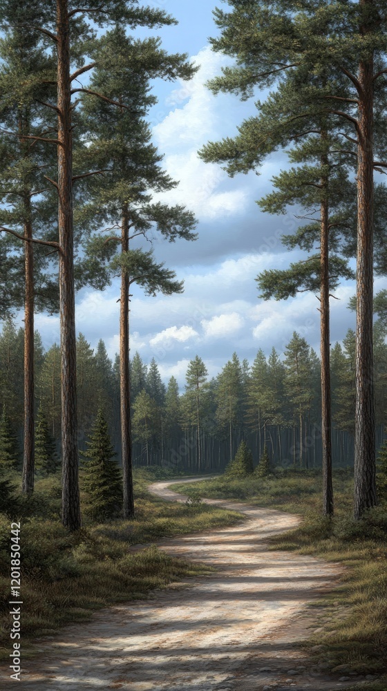 Fototapeta premium Explore a serene dirt path flanked by tall pine trees, illuminated by the gentle glow of late afternoon sunlight, inviting tranquility.