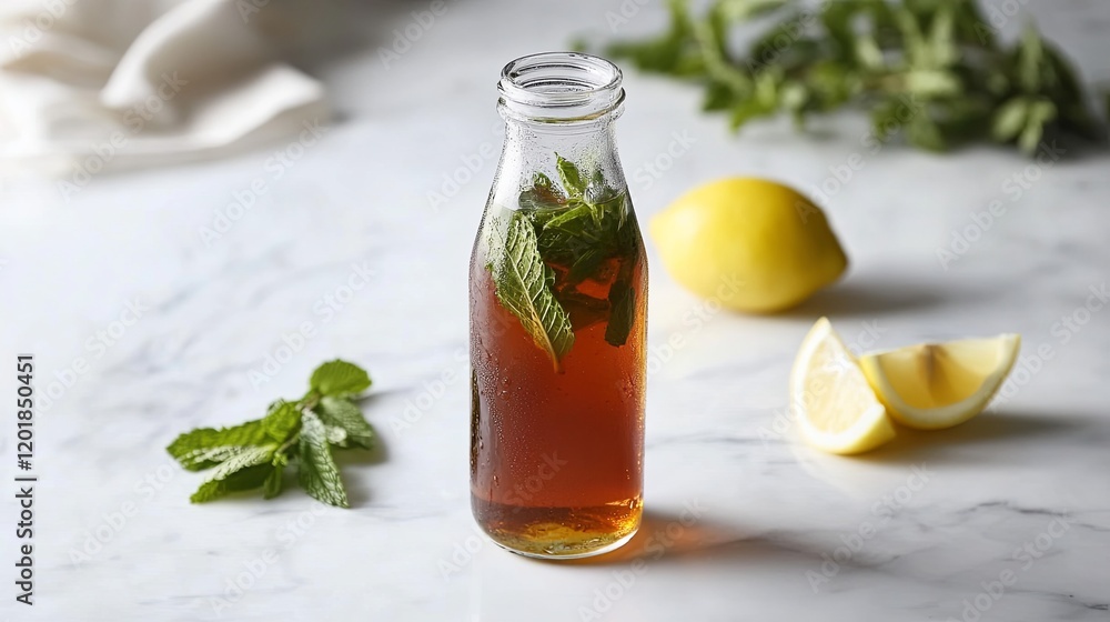 A bottle of herbal iced tea with fresh mint and lemon wedges on a clean surface A bottle of herbal iced tea with fresh mint and lemon wedges on a clean surface