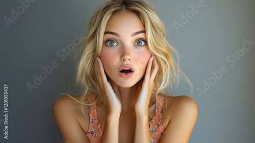 Surprised woman with blonde hair and green eyes expressing astonishment in a neutral background
