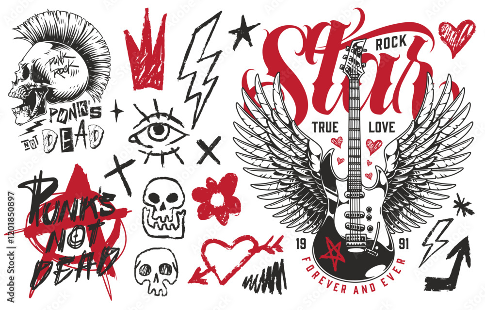 Fototapeta premium Punk rock inspired tattoo designs with guitars