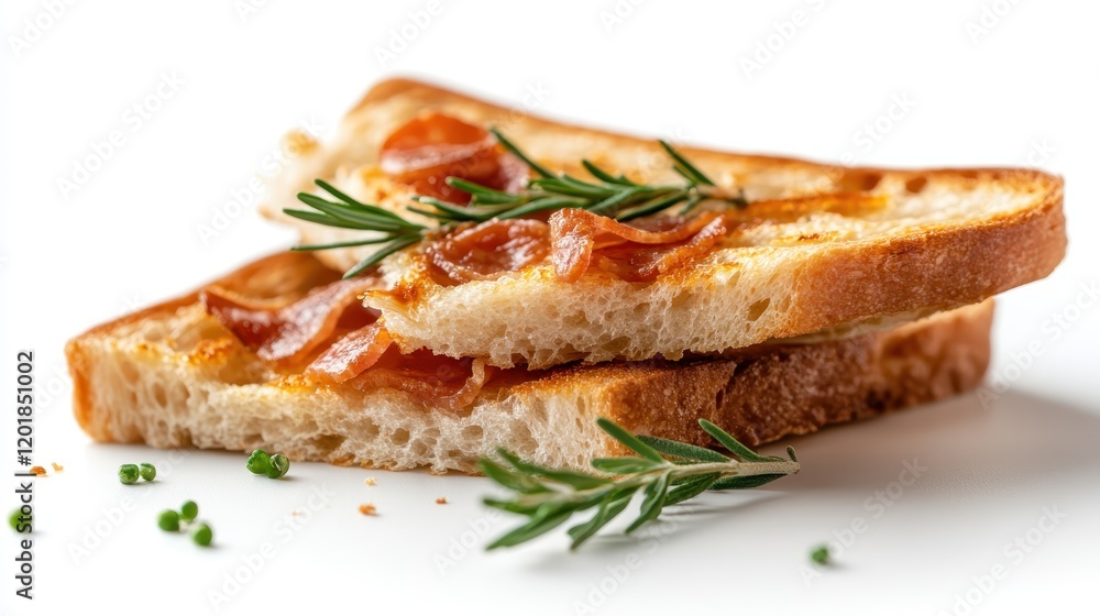 This image features two slices of golden-brown toast garnished with crispy bacon pieces and fresh rosemary sprigs, perfect for a savory breakfast or snack. This image features two slices of golden-brown toast garnished with crispy bacon pieces and fresh rosemary sprigs, perfect for a savory breakfast or snack.