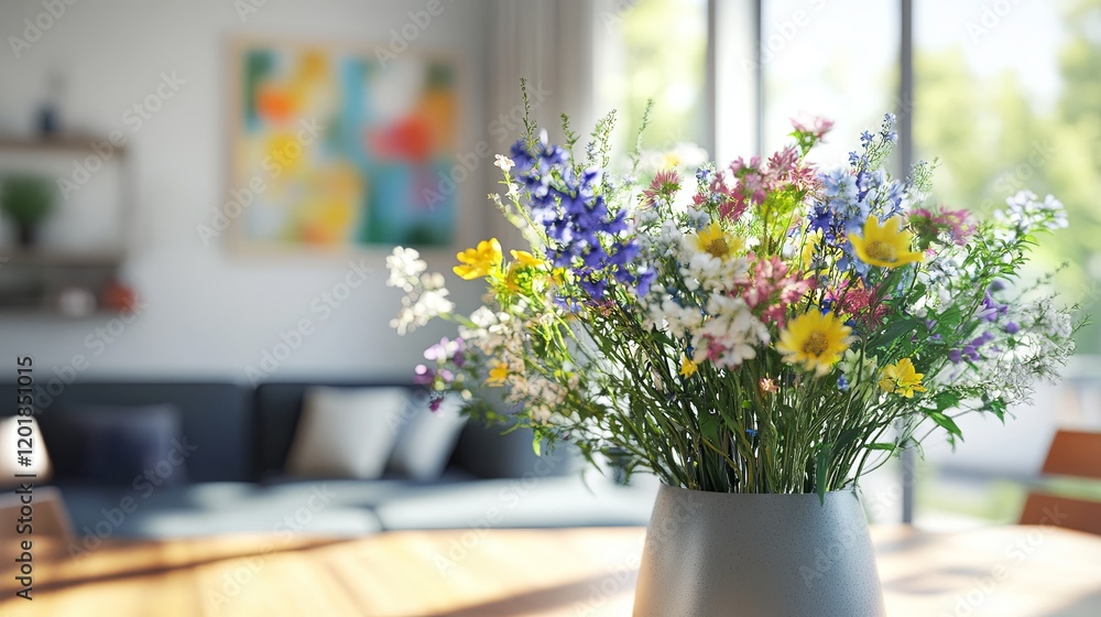 A bouquet of wildflowers arranged in a modern vase on a bright dining table. A bouquet of wildflowers arranged in a modern vase on a bright dining table.