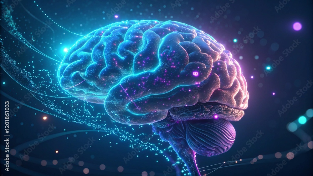 Futuristic AI brain glowing with neon lights, surrounded by digital particles Futuristic AI brain glowing with neon lights, surrounded by digital particles