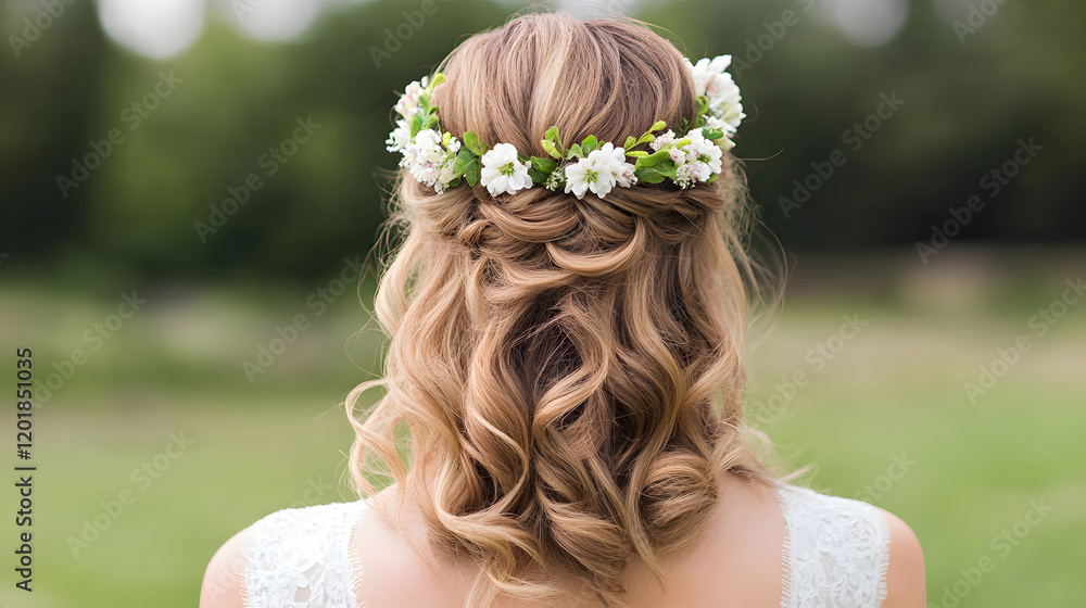 Naklejka premium An elegant half-up half-down wedding hairstyle with intricate curls and a floral headband, perfect for spring brides