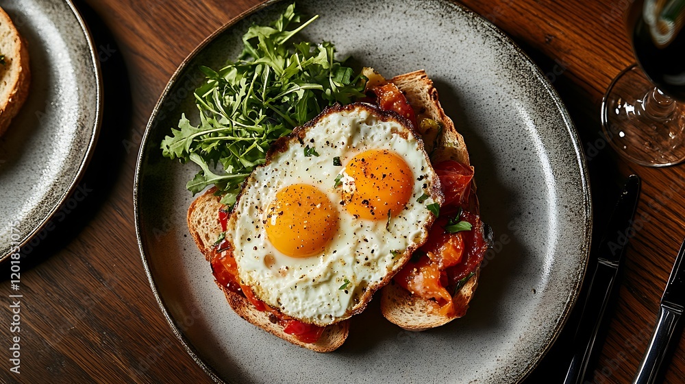 High angle view of an breakfast made with fried eggs and sandwich plate High angle view of an breakfast made with fried eggs and sandwich plate