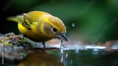 This striking photograph captures a majestic yellow bird mid-flight as it skillfully catches a water droplet, creating a beautiful splash against a blurred green backdrop. photo