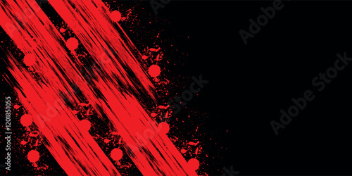 Black grunge background with a red brush stroke and splashes photo