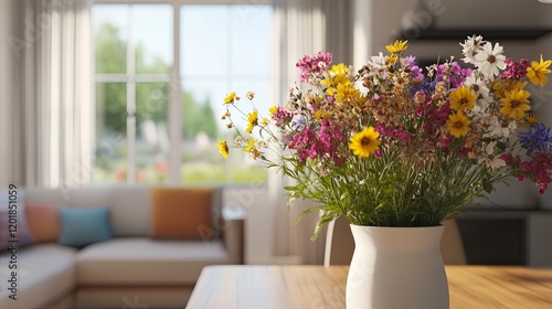 Wallpaper Mural A bouquet of wildflowers arranged in a modern vase on a bright dining table. Torontodigital.ca