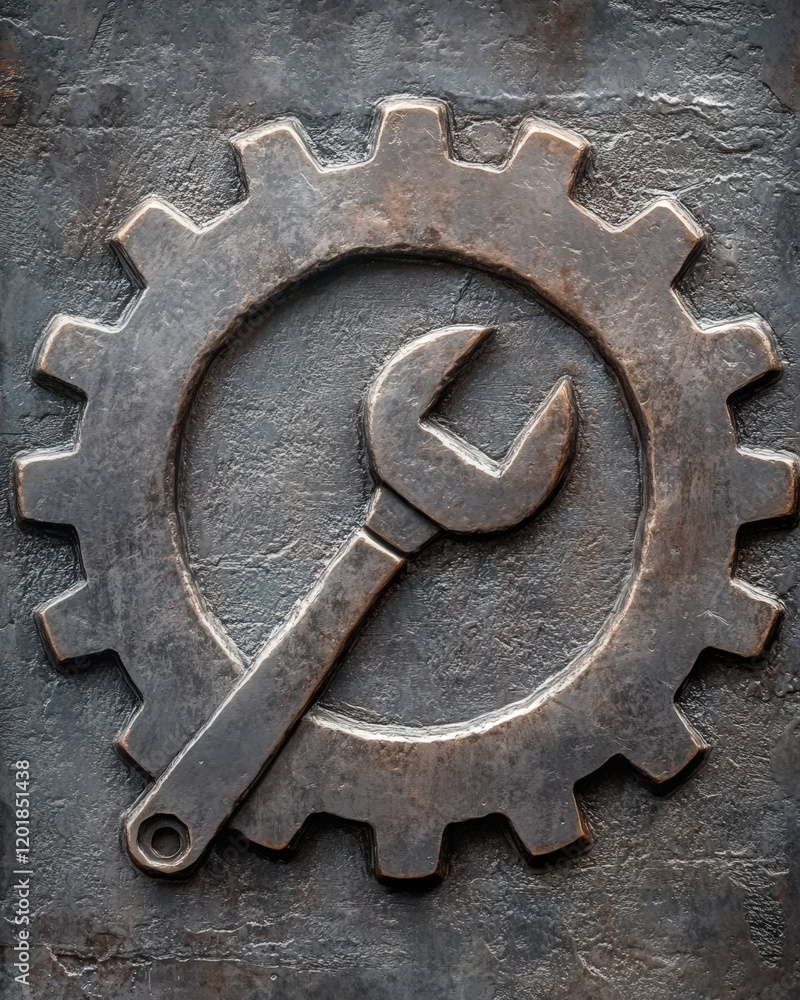 A serene depiction of a gear and wrench industrial symbol engraved on a metal panel A serene depiction of a gear and wrench industrial symbol engraved on a metal panel