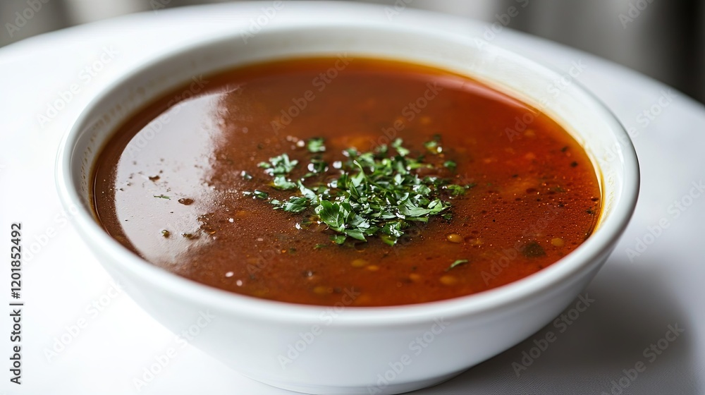 A bowl of lentil soup with a drizzle of olive oil and a sprinkle of parsley on a white table A bowl of lentil soup with a drizzle of olive oil and a sprinkle of parsley on a white table