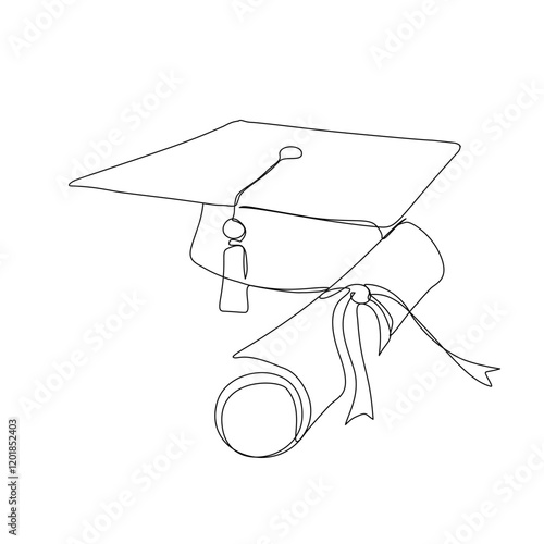 One continuous line drawing of graduation hat. Concept of student of university college and school. Doodle vector illustration.
