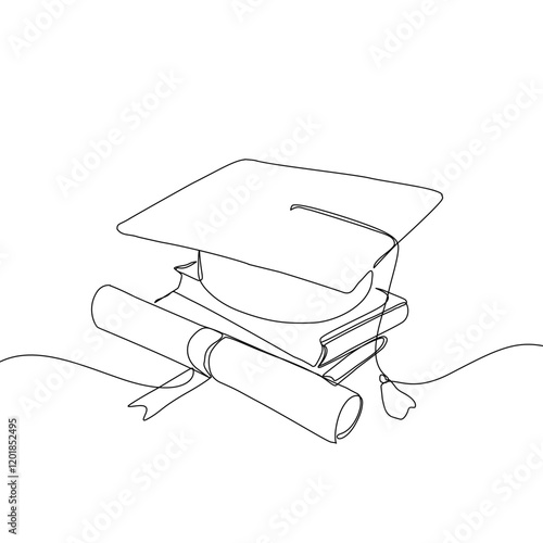 One continuous line drawing of graduation hat. Concept of student of university college and school. Doodle vector illustration.
