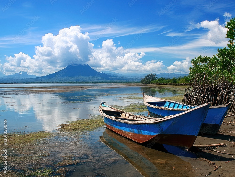 Tranquil lake view with boats resting on shore and mountain in background Tranquil lake view with boats resting on shore and mountain in background
