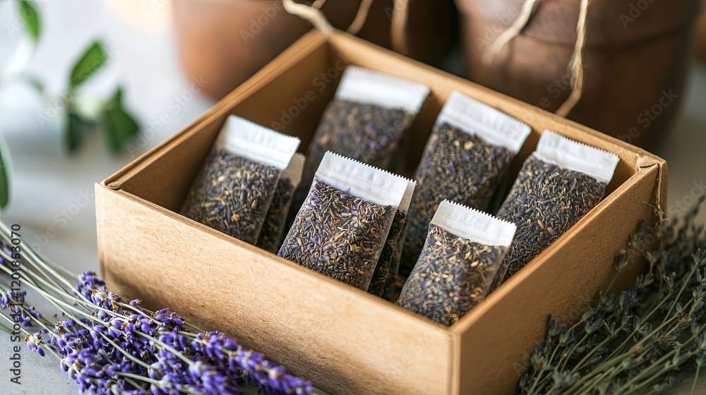 A box of herbal tea sachets displayed with dried lavender sprigs A box of herbal tea sachets displayed with dried lavender sprigs