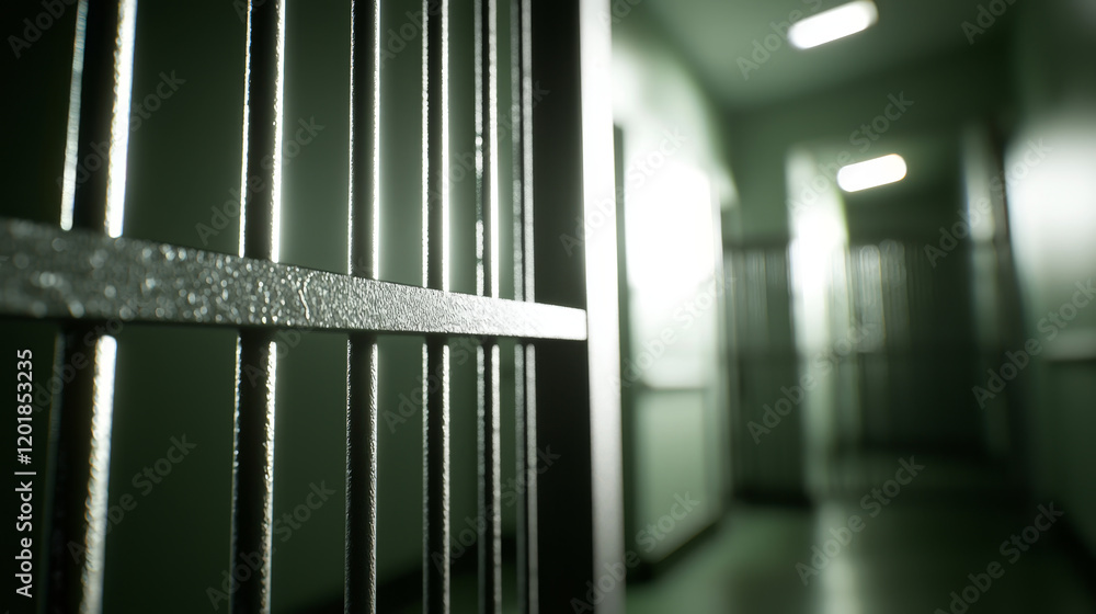 close up of jail cell door with dimly lit corridor visible close up of jail cell door with dimly lit corridor visible