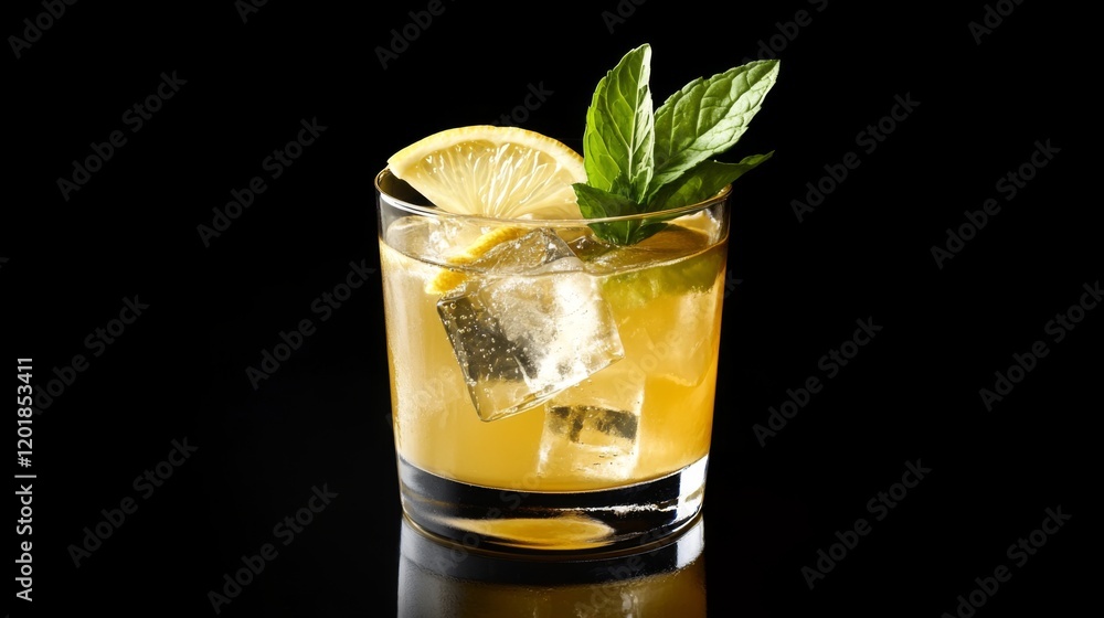 A close-up of a classic glass of lemonade with ice cubes, a slice of lemon, and a sprig of mint, highlighting the refreshing and cooling qualities of the drink. A close-up of a classic glass of lemonade with ice cubes, a slice of lemon, and a sprig of mint, highlighting the refreshing and cooling qualities of the drink.