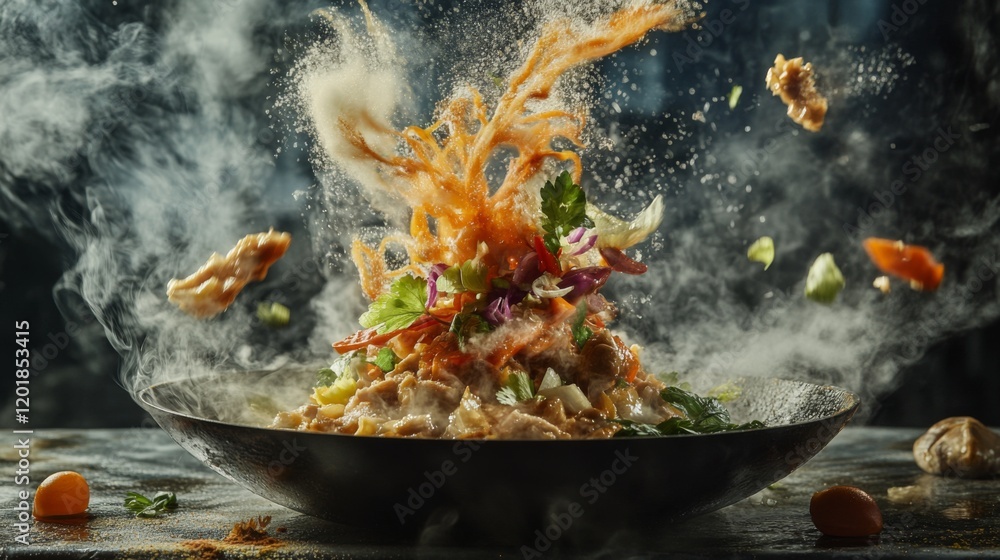 A close-up of a chef expertly tossing in a sizzling wok, with steam rising and fresh ingredients flying through the air, showcasing the art of traditional Thai cooking. A close-up of a chef expertly tossing in a sizzling wok, with steam rising and fresh ingredients flying through the air, showcasing the art of traditional Thai cooking.