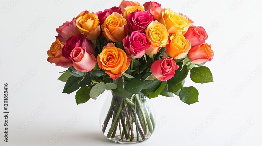 A bright bouquet of roses placed in a simple vase on a clean white surface. A bright bouquet of roses placed in a simple vase on a clean white surface.