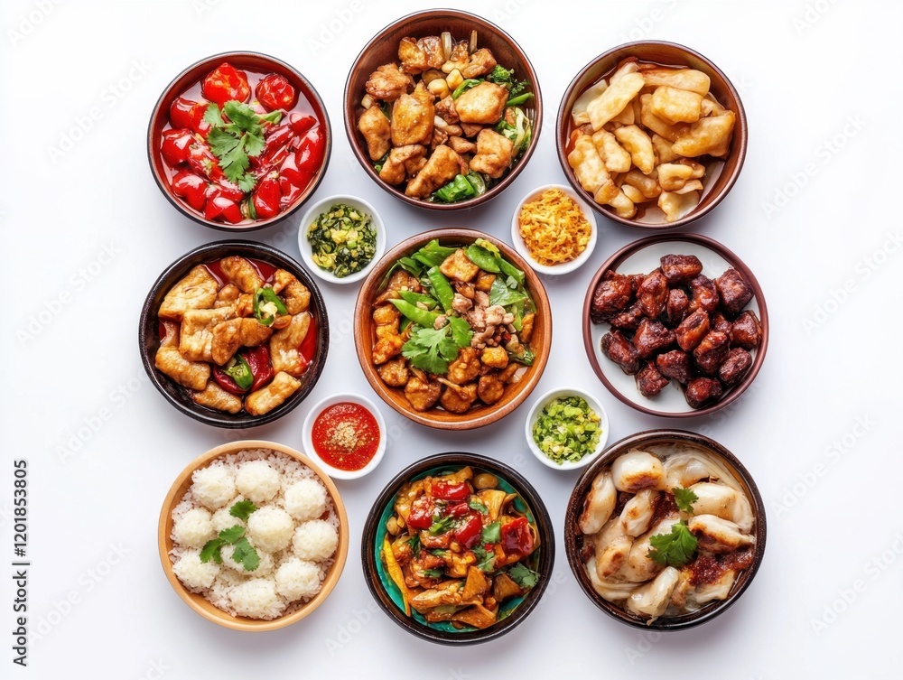 A variety of Asian food is displayed in bowls on a white background A variety of Asian food is displayed in bowls on a white background