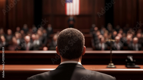 courtroom scene with judge, spectators, and jail guard present photo