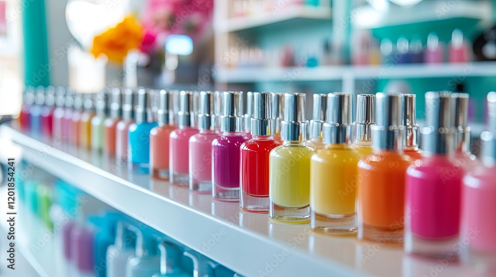 A bright nail salon counter with gel polish bottles arranged in rows of vibrant colors A bright nail salon counter with gel polish bottles arranged in rows of vibrant colors