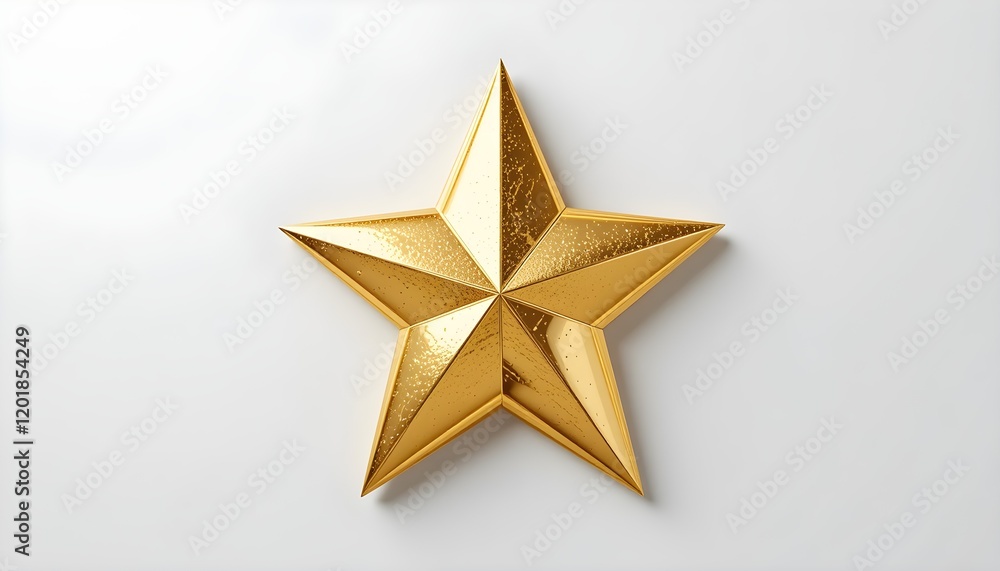 Étoile dorée brillante à cinq branches centrée sur fond blanc uni. Symbole Sapin Noël. Étoile dorée brillante à cinq branches centrée sur fond blanc uni. Symbole Sapin Noël.
