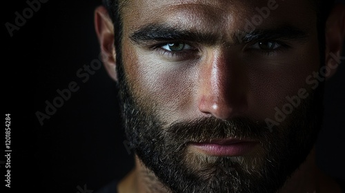 Close-up portrait of a handsome man with intense green eyes and a beard.