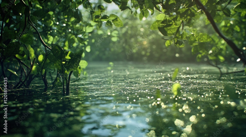 Naklejka premium Lush foliage and sparkling water surface create a tranquil scene in a swamp