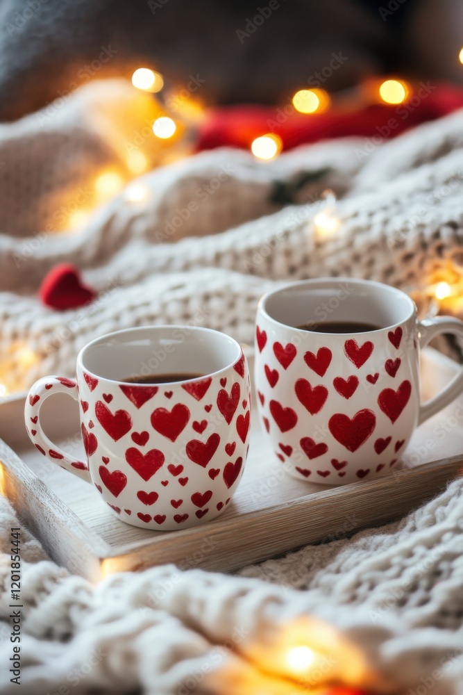 Cozy Winter Romance: Two mugs of coffee with hearts design on a knitted blanket with fairy lights Cozy Winter Romance: Two mugs of coffee with hearts design on a knitted blanket with fairy lights