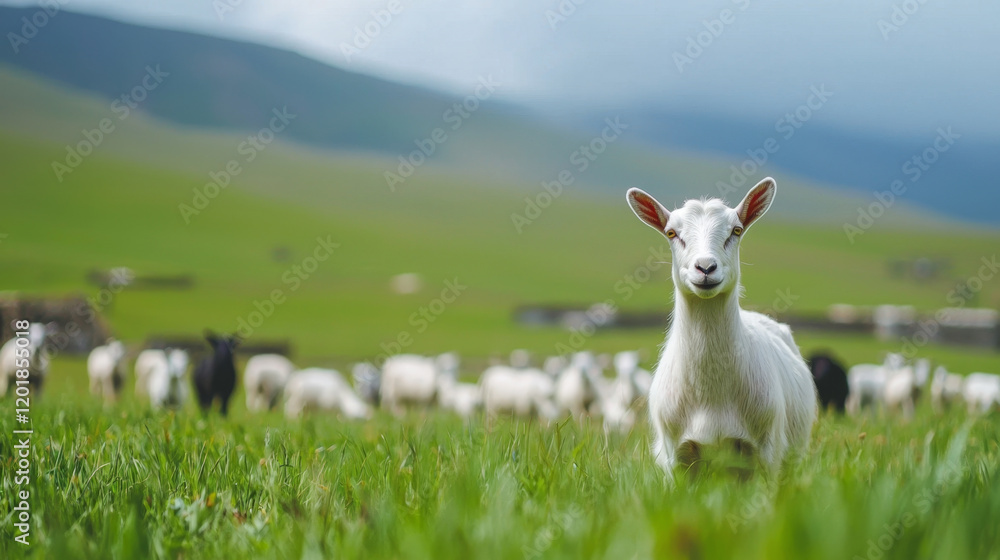 Obraz premium goat standing in lush green field with herd in background