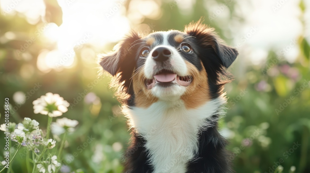 A single dog with a content expression sits amongst wildflowers in a lush, sunlit field, epitomizing serenity and the simple beauty of nature's backdrop.